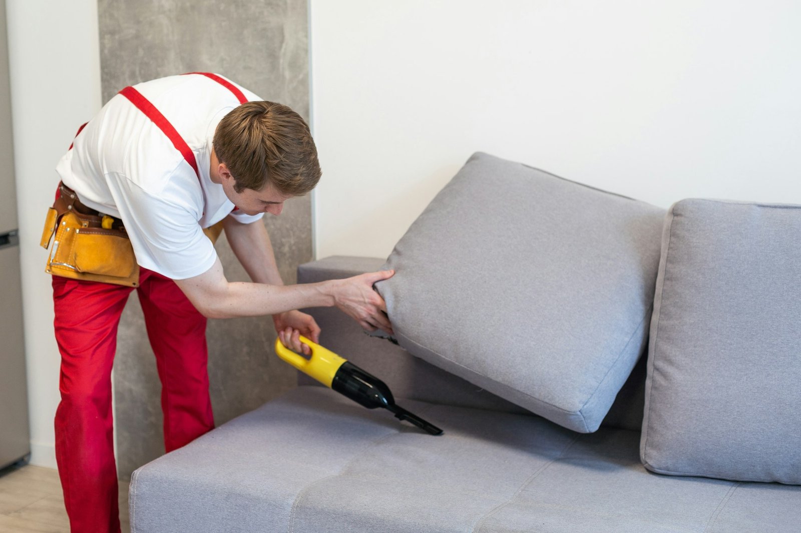 handsome young man cleaning furniture process of deep furniture cleaning removing dirt from sofa
